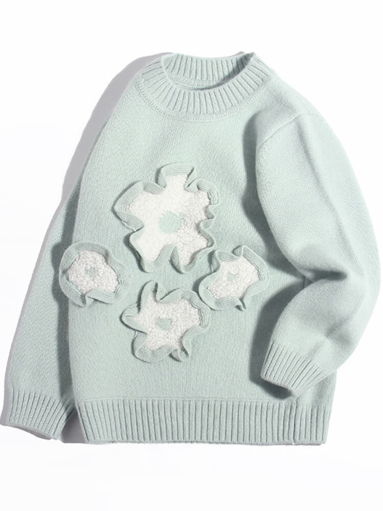 Soft Mint Green Cashmere Sweater with 3D Fleece Flowers